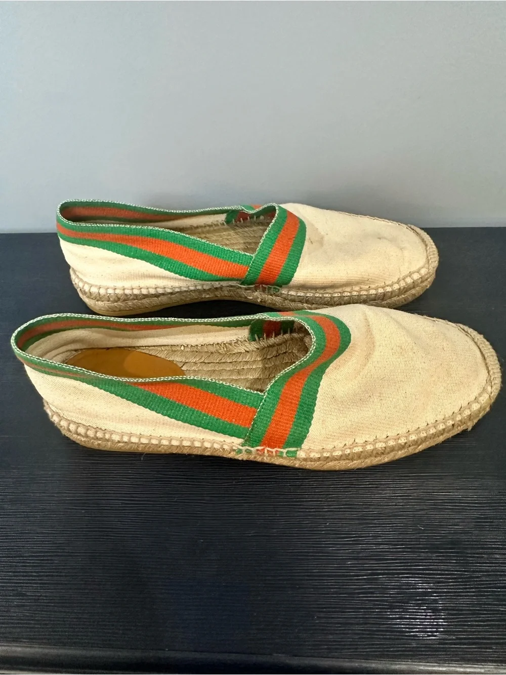 Gucci Beige Canvas Espadrilles with Green and Orange Stripes